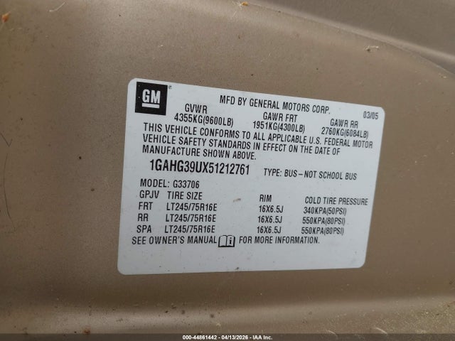 44861442 :رقم المزاد ، 1GAHG39UX51212761 vin ، 2005 Chevrolet Express مزاد بيع