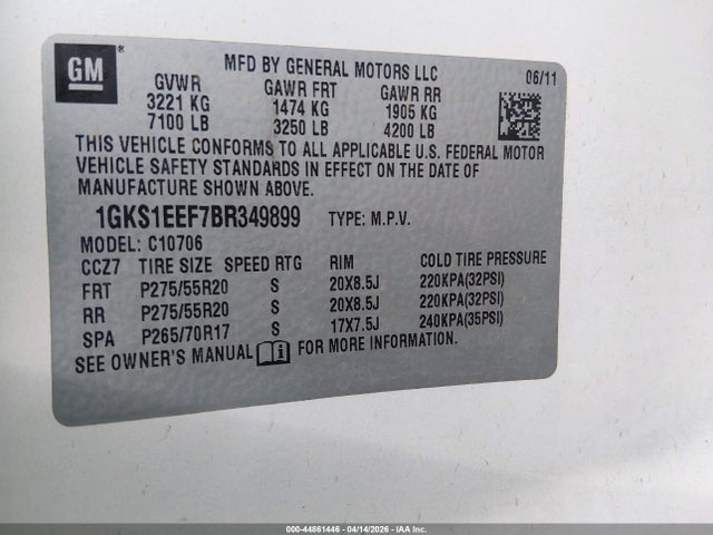 Aukcja sprzedaży 2011 Gmc Yukon Denali, vin: 1GKS1EEF7BR349899, numer aukcji: 44861446