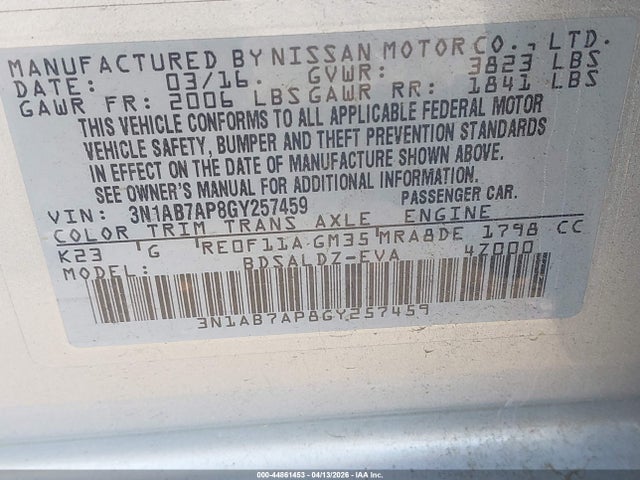 44861453 :رقم المزاد ، 3N1AB7AP8GY257459 vin ، 2016 Nissan Sentra Sv مزاد بيع