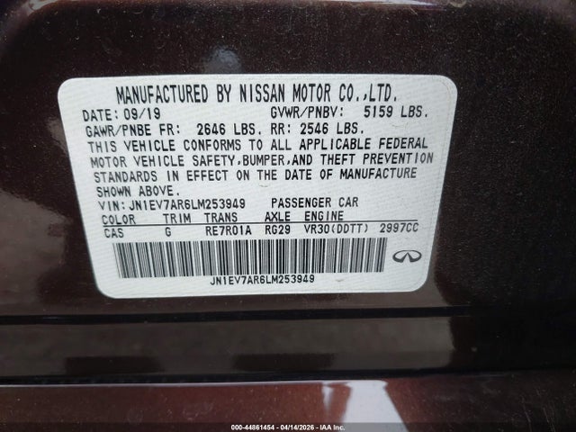 Продаж на аукціоні авто 2020 Infiniti Q50 Luxe Awd, vin: JN1EV7AR6LM253949, номер лоту: 44861454