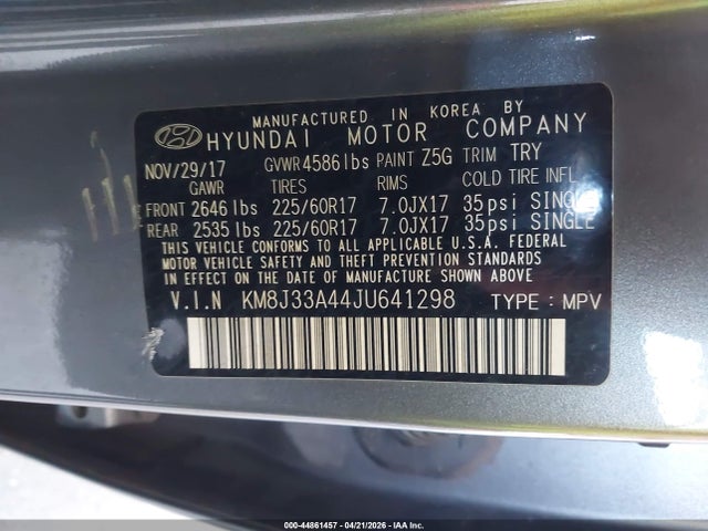 Продаж на аукціоні авто 2018 Hyundai Tucson Sel Plus, vin: KM8J33A44JU641298, номер лоту: 44861457