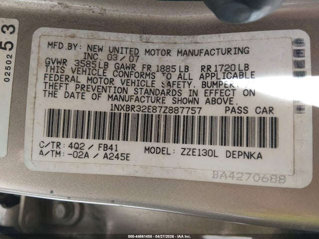 2007 Toyota Corolla Le მანქანა იყიდება აუქციონზე, vin: 1NXBR32E87Z887757, აუქციონის ნომერი: 44861458