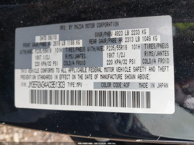 44861460 :رقم المزاد ، JM3ER2W34A0351303 vin ، 2010 Mazda Cx-7 S Grand Touring مزاد بيع