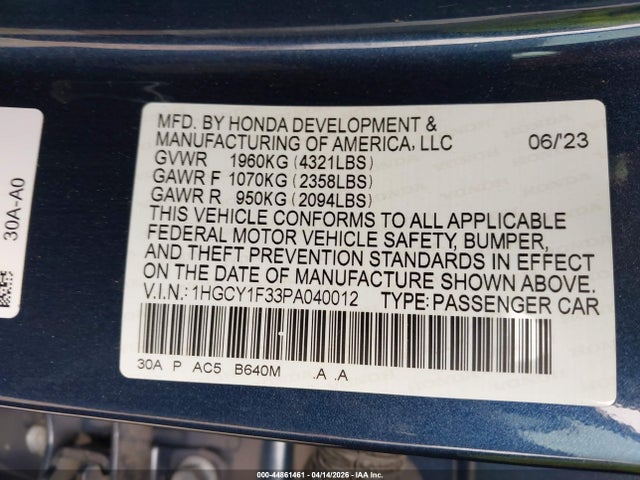 44861461 :رقم المزاد ، 1HGCY1F33PA040012 vin ، 2023 Honda Accord Ex مزاد بيع