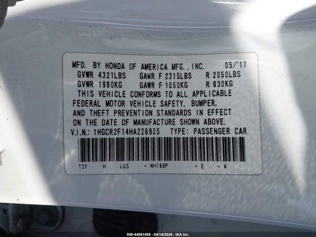 1HGCR2F14HA226905 Honda Accord Sport Se