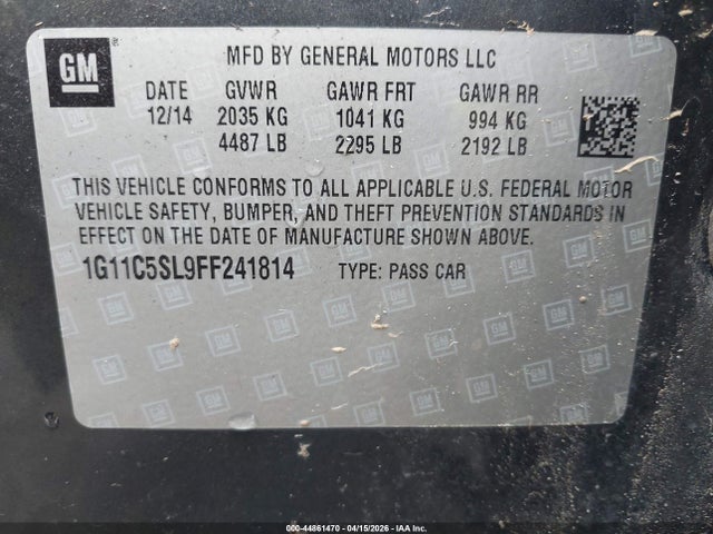 2015 Chevrolet Malibu 1lt მანქანა იყიდება აუქციონზე, vin: 1G11C5SL9FF241814, აუქციონის ნომერი: 44861470