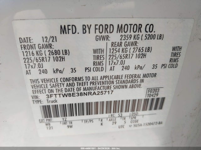 3FTTW8E38NRA25717 Ford Maverick Xl