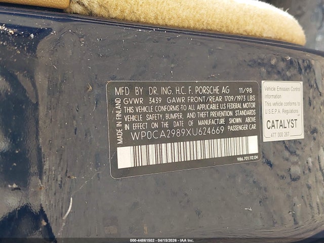 Продажа на аукционе авто 1999 Porsche Boxster, vin: WP0CA2989XU624669, номер лота: 44861502