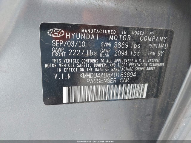 Продажа на аукционе авто 2010 Hyundai Elantra Gls, vin: KMHDU4AD8AU183894, номер лота: 44861512