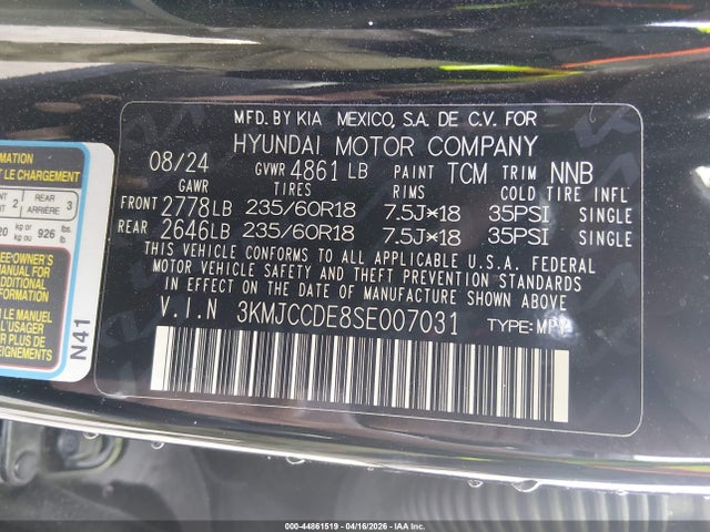 Aukcja sprzedaży 2025 Hyundai Tucson Sel Convenience, vin: 3KMJCCDE8SE007031, numer aukcji: 44861519