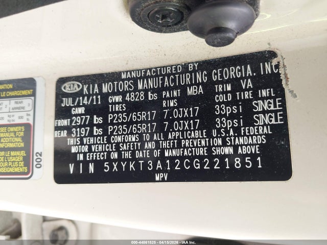 Auction sale of the 2012 Kia Sorento Lx, vin: 5XYKT3A12CG221851, lot number: 44861525