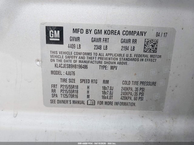 Продаж на аукціоні авто 2017 Buick Encore Preferred, vin: KL4CJESB9HB196486, номер лоту: 44861534