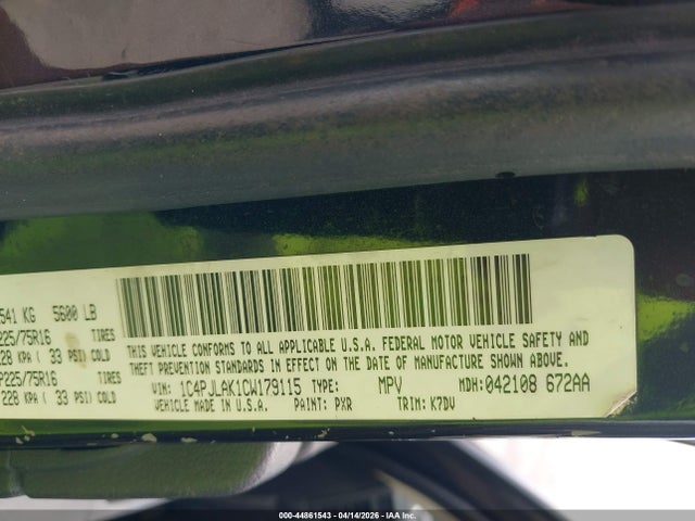 2012 Jeep Liberty Sport მანქანა იყიდება აუქციონზე, vin: 1C4PJLAK1CW179115, აუქციონის ნომერი: 44861543