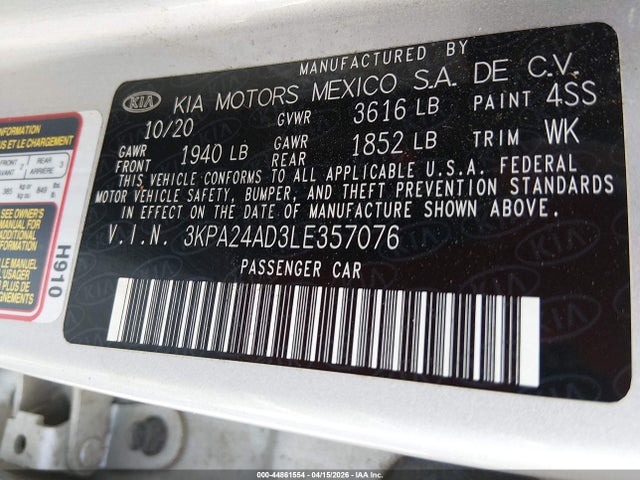 44861554 :رقم المزاد ، 3KPA24AD3LE357076 vin ، 2020 Kia Rio Lx مزاد بيع
