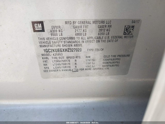Продаж на аукціоні авто 2017 Chevrolet Silverado 2500hd Wt, vin: 1GC2KUEGXHZ327920, номер лоту: 44861571