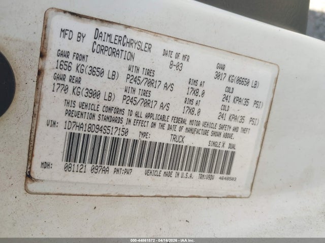 Aukcja sprzedaży 2004 Dodge Ram 1500 Slt/laramie, vin: 1D7HA18D94S517150, numer aukcji: 44861572