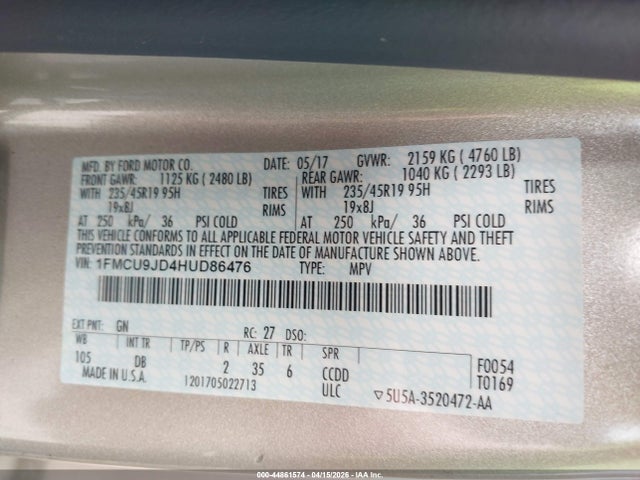 Aukcja sprzedaży 2017 Ford Escape Titanium, vin: 1FMCU9JD4HUD86476, numer aukcji: 44861574