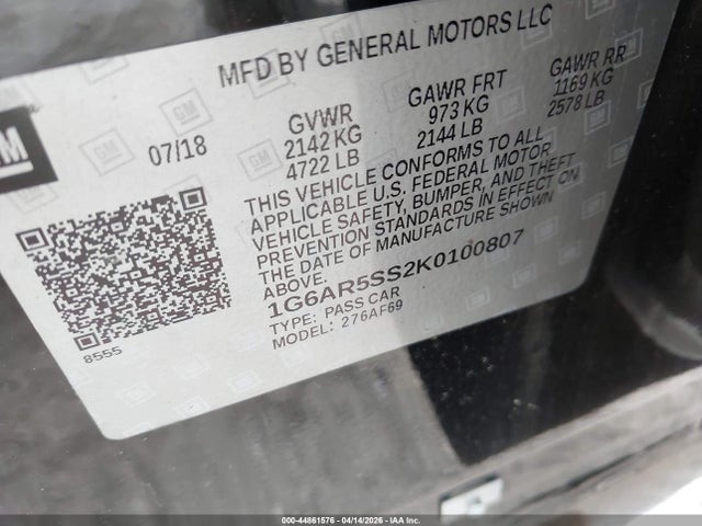 44861576 :رقم المزاد ، 1G6AR5SS2K0100807 vin ، 2019 Cadillac Cts Luxury مزاد بيع