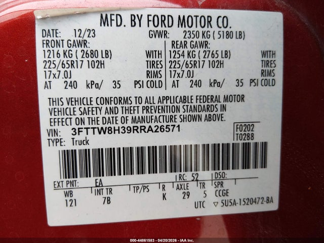 44861583 :رقم المزاد ، 3FTTW8H39RRA26571 vin ، 2024 Ford Maverick Xlt مزاد بيع