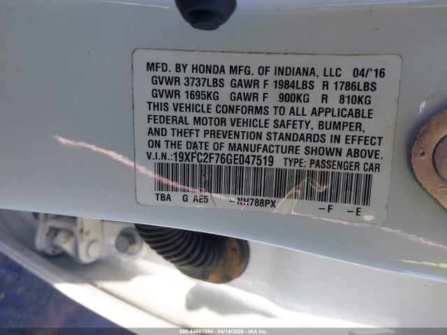 44861594 :رقم المزاد ، 19XFC2F76GE047519 vin ، 2016 Honda Civic Ex مزاد بيع