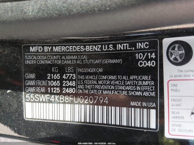 Aukcja sprzedaży 2015 Mercedes-benz C 300 Sport 4matic, vin: 55SWF4KB8FU020794, numer aukcji: 44861595