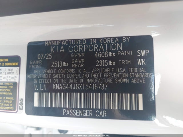 Aukcja sprzedaży 2026 Kia K5 Gt, vin: KNAG44J8XT5416737, numer aukcji: 44861608
