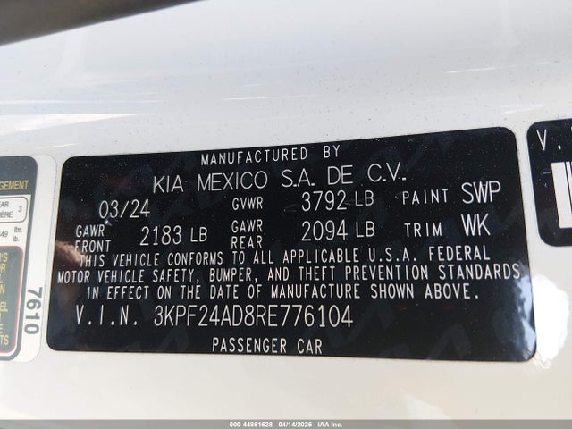 2024 Kia Forte Lxs მანქანა იყიდება აუქციონზე, vin: 3KPF24AD8RE776104, აუქციონის ნომერი: 44861628