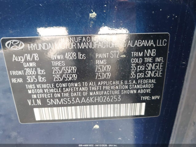 44861632 :رقم المزاد ، 5NMS53AA6KH026253 vin ، 2019 Hyundai Santa Fe Limited 2.0t مزاد بيع
