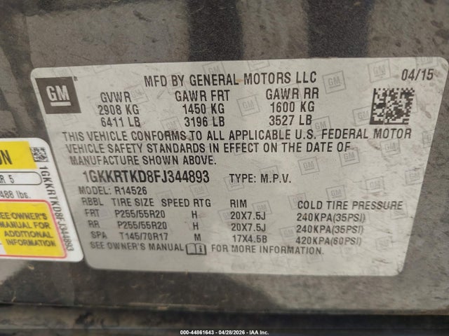 44861643 :رقم المزاد ، 1GKKRTKD8FJ344893 vin ، 2015 Gmc Acadia Denali مزاد بيع