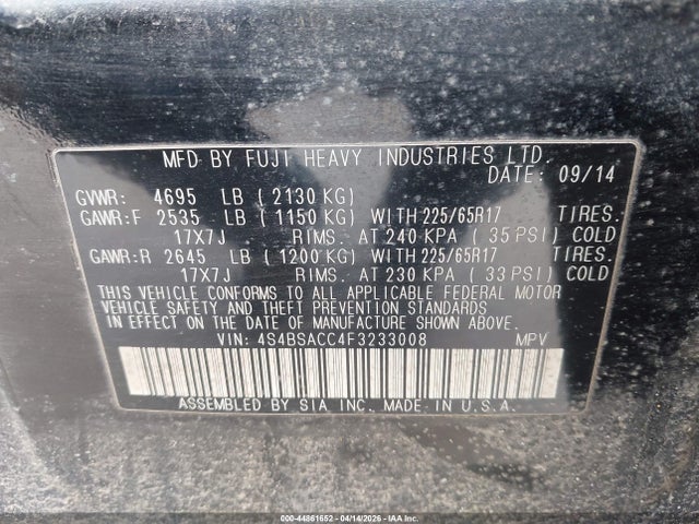 Продаж на аукціоні авто 2015 Subaru Outback 2.5i Premium, vin: 4S4BSACC4F3233008, номер лоту: 44861652