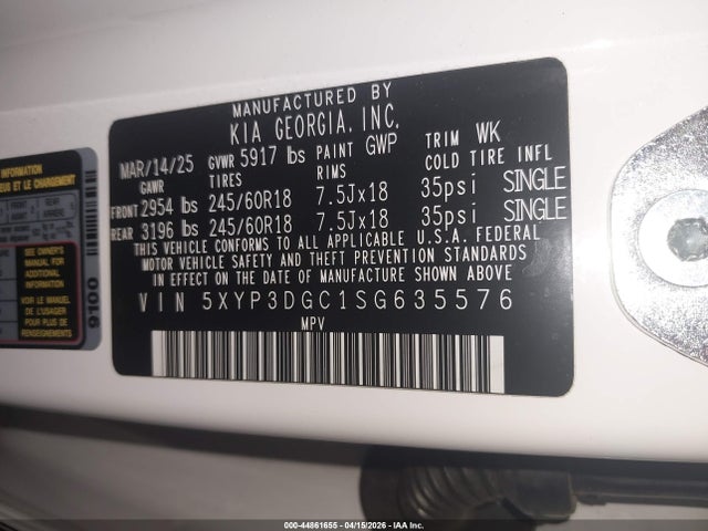 Aukcja sprzedaży 2025 Kia Telluride Ex X-pro, vin: 5XYP3DGC1SG635576, numer aukcji: 44861655