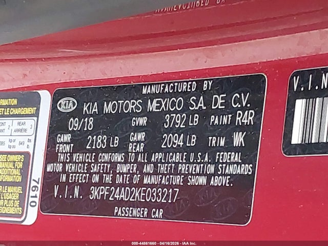 Aukcja sprzedaży 2019 Kia Forte Lxs, vin: 3KPF24AD2KE033217, numer aukcji: 44861660