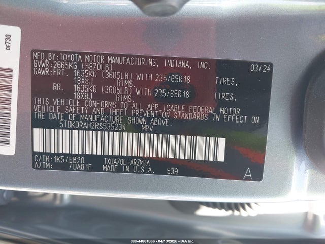 44861666 :رقم المزاد ، 5TDKDRAH2RS535234 vin ، 2024 Toyota Highlander Xle مزاد بيع