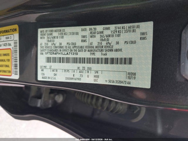 44861690 :رقم المزاد ، 1FTER4FH1LLA71310 vin ، 2020 Ford Ranger Lariat مزاد بيع