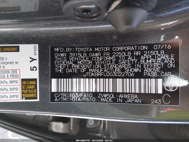 Toyota Prius Two 2016 JTDKBRFU2G3022706 Image 9