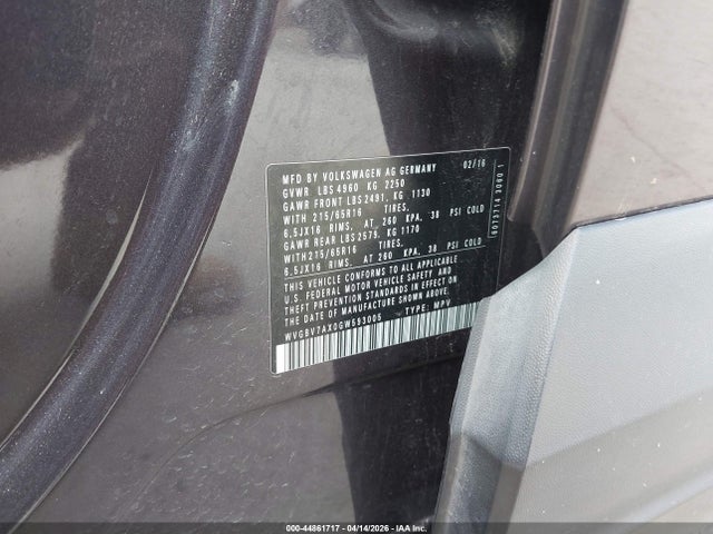 Aukcja sprzedaży 2016 Volkswagen Tiguan S, vin: WVGBV7AX0GW593005, numer aukcji: 44861717