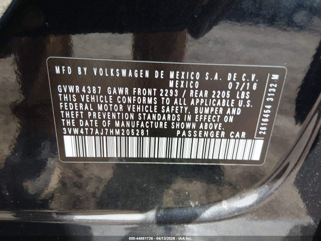 Продаж на аукціоні авто 2017 Volkswagen Jetta Gli, vin: 3VW4T7AJ7HM205281, номер лоту: 44861726