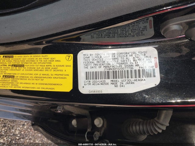 44861733 :رقم المزاد ، JTHBN30F820077796 vin ، 2002 Lexus Ls 430 مزاد بيع