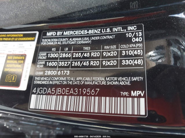 44861738 :رقم المزاد ، 4JGDA5JB0EA319567 vin ، 2014 Mercedes-benz Ml 350 مزاد بيع
