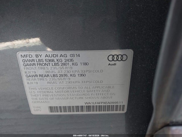Продаж на аукціоні авто 2014 Audi Q5 2.0t Premium, vin: WA1LFAFPXEA099511, номер лоту: 44861747
