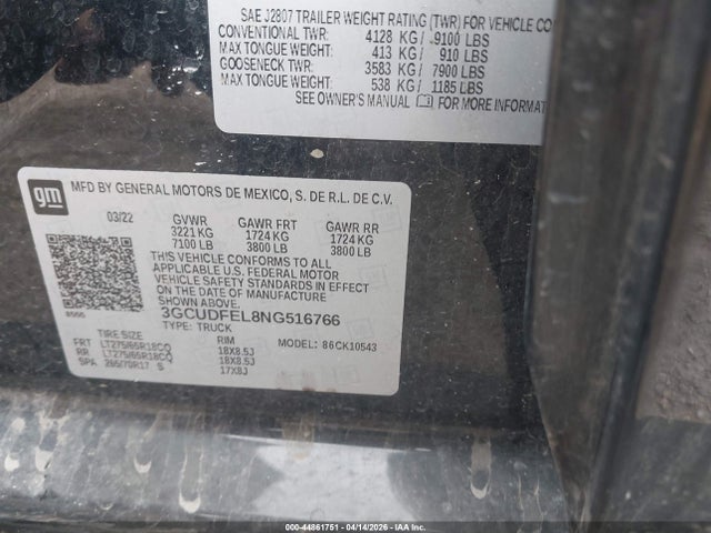Aukcja sprzedaży 2022 Chevrolet Silverado 1500 4wd  Short Bed Lt Trail Boss, vin: 3GCUDFEL8NG516766, numer aukcji: 44861751