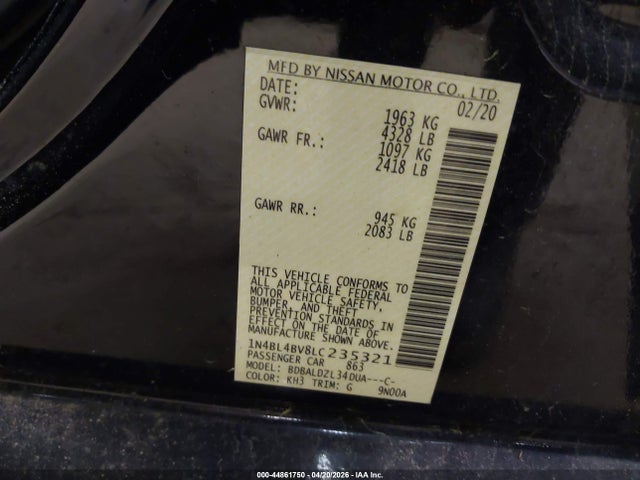 Aukcja sprzedaży 2020 Nissan Altima S Fwd, vin: 1N4BL4BV8LC235321, numer aukcji: 44861750