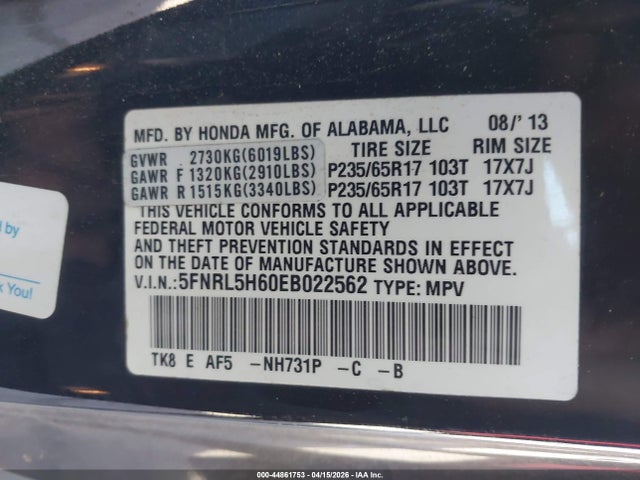 2014 Honda Odyssey Ex-l მანქანა იყიდება აუქციონზე, vin: 5FNRL5H60EB022562, აუქციონის ნომერი: 44861753