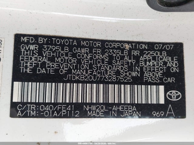Aukcja sprzedaży 2007 Toyota Prius, vin: JTDKB20U773287525, numer aukcji: 44861754