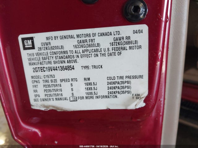 44861756 :رقم المزاد ، 2GTEC19V441364854 vin ، 2004 Gmc Sierra 1500 Sle مزاد بيع