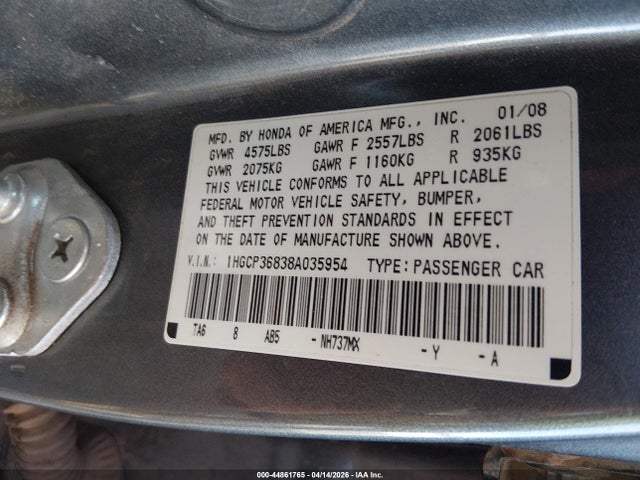 Aukcja sprzedaży 2008 Honda Accord 3.5 Ex-l, vin: 1HGCP36838A035954, numer aukcji: 44861765