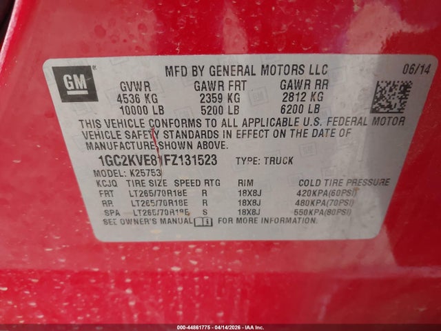 Aukcja sprzedaży 2015 Chevrolet Silverado 2500hd Lt, vin: 1GC2KVE81FZ131523, numer aukcji: 44861775