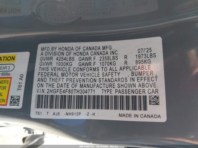 2HGFE4F80TH304771 Honda Civic Hybrid Sport/sport Touring