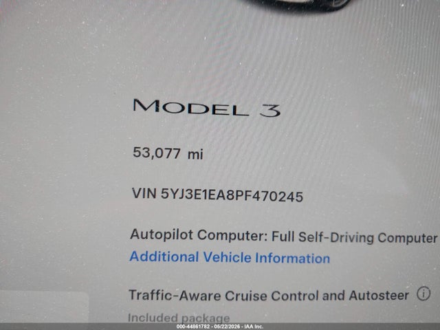 44861782 :رقم المزاد ، 5YJ3E1EA8PF470245 vin ، 2023 Tesla Model 3 Rear-wheel Drive مزاد بيع