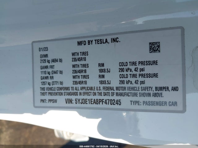 44861782 :رقم المزاد ، 5YJ3E1EA8PF470245 vin ، 2023 Tesla Model 3 Rear-wheel Drive مزاد بيع